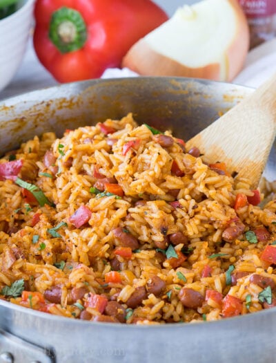 I'm in love with this one skillet Dirty Red Beans and Rice! It's a super quick side dish recipe, but can easily be turned into a main course by adding sliced andouille sausage!