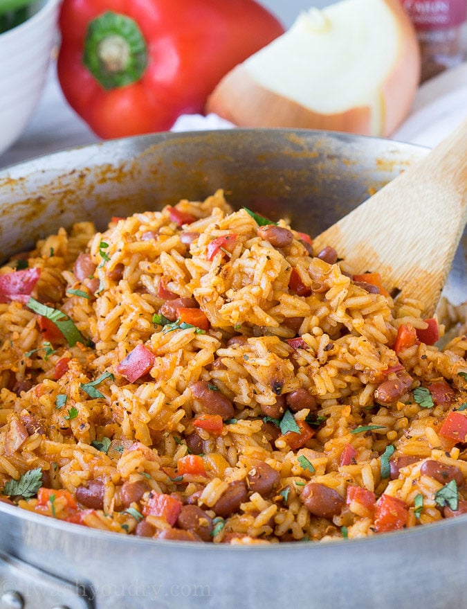 I'm in love with this one skillet Dirty Red Beans and Rice! It's a super quick side dish recipe, but can easily be turned into a main course by adding sliced andouille sausage! 