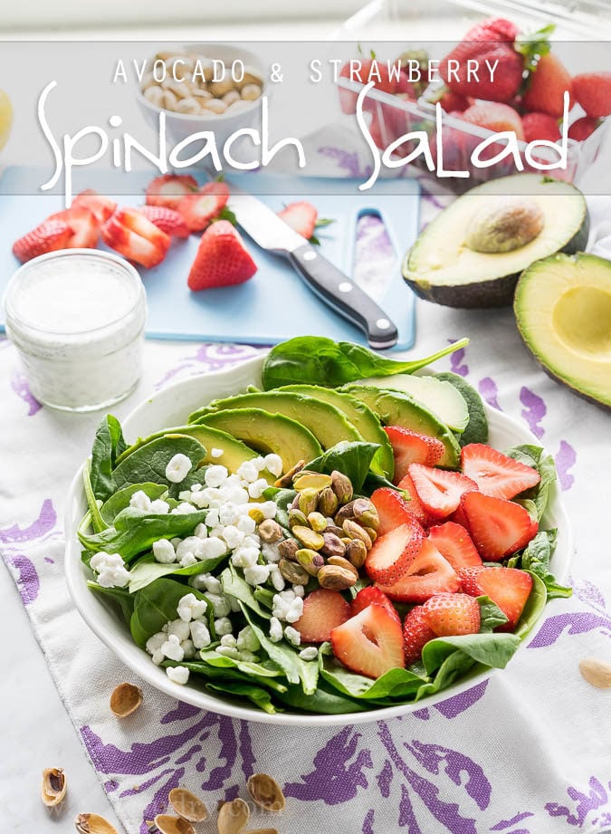 This Avocado Strawberry Spinach Salad is a quick and easy lunch recipe that's perfect for hot summer days!