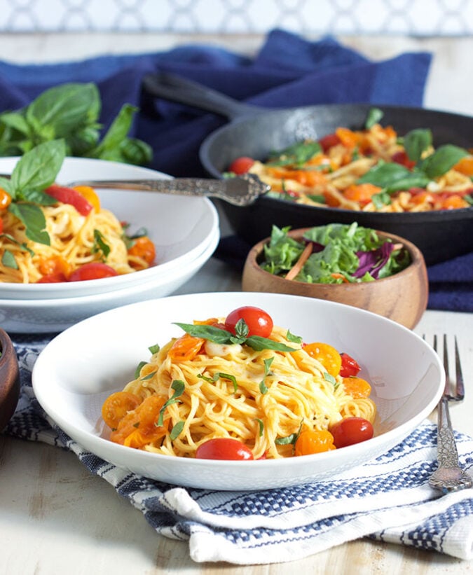 This 15 minute Caprese Pasta Skillet is a quick and easy dinner recipe that my family loves!