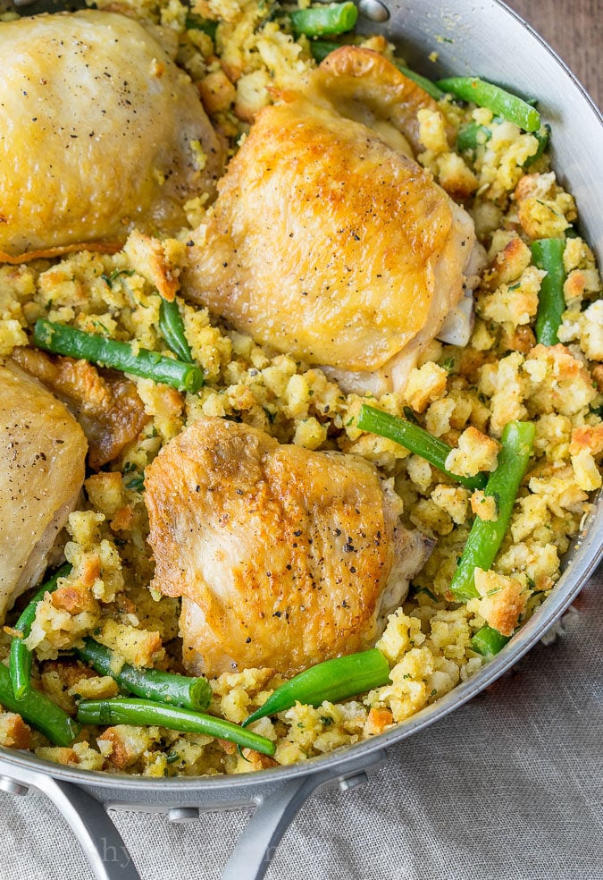 My family loves this Chicken and Stuffing Skillet! It's all made in one pan and it's a complete meal with veggies and a side of stuffing!