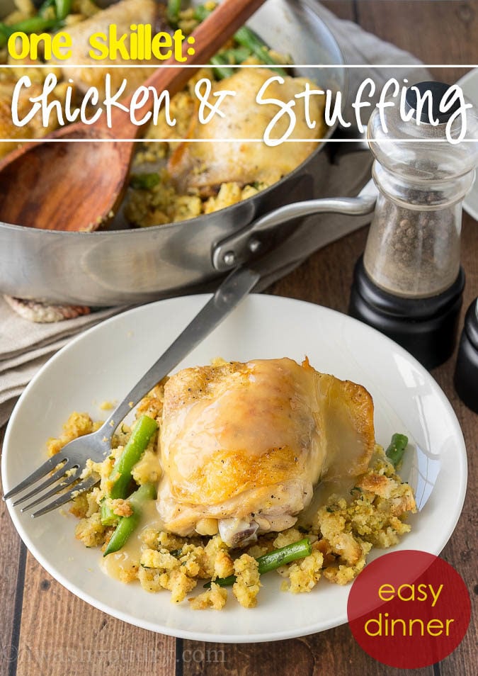 My family loves this Chicken and Stuffing Skillet! It's all made in one pan and it's a complete meal with veggies and a side of stuffing!