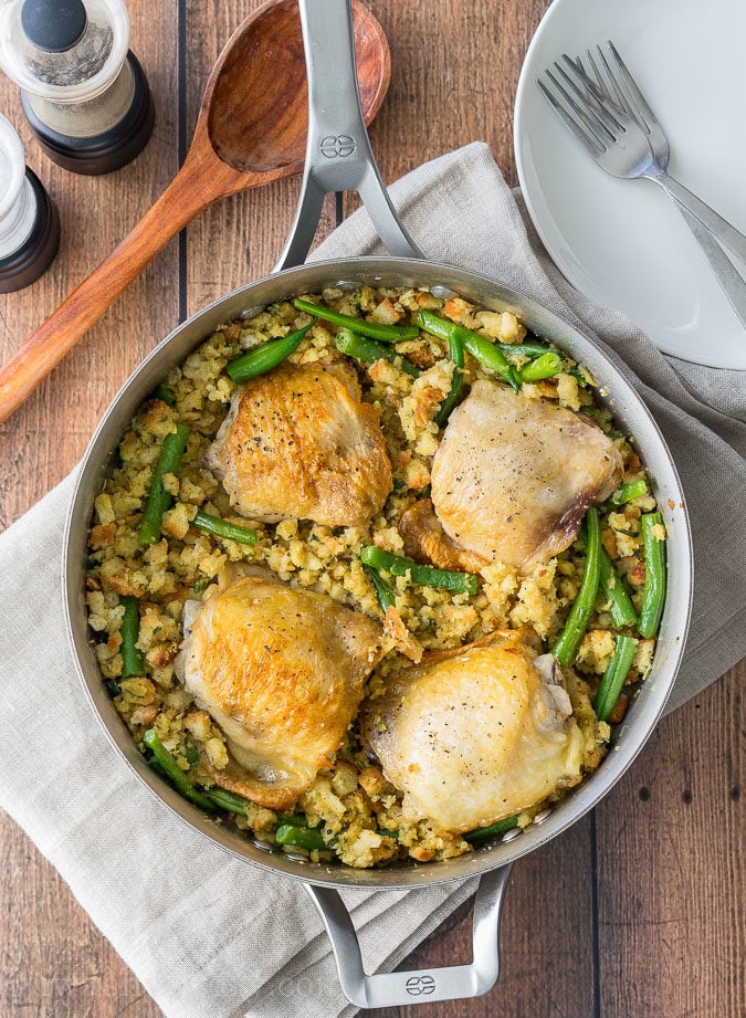 My family loves this Chicken and Stuffing Skillet! It's all made in one pan and it's a complete meal with veggies and a side of stuffing!