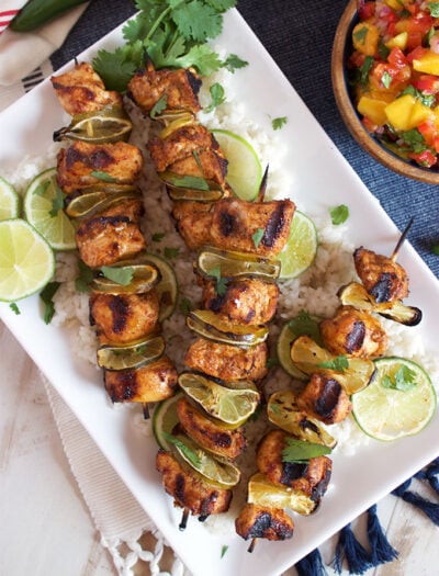 Grilled Chili Lime Chicken Kabobs with Mango Salsa