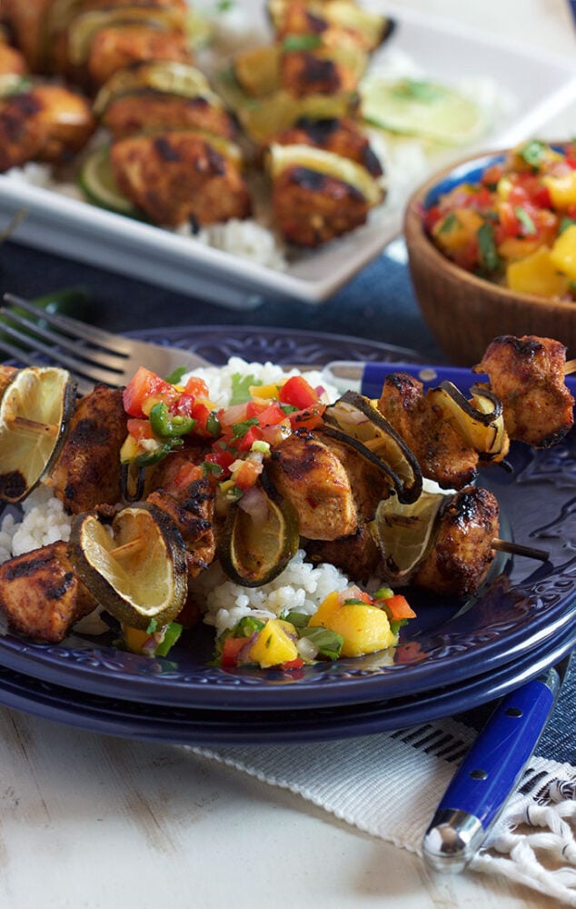 We love these Grilled Chili Lime Chicken Kabobs with Mango Salsa for a quick summer dinner! 