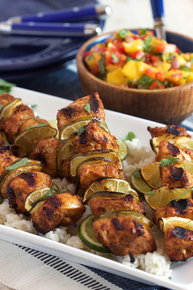 We love these Grilled Chili Lime Chicken Kabobs with Mango Salsa for a quick summer dinner! 