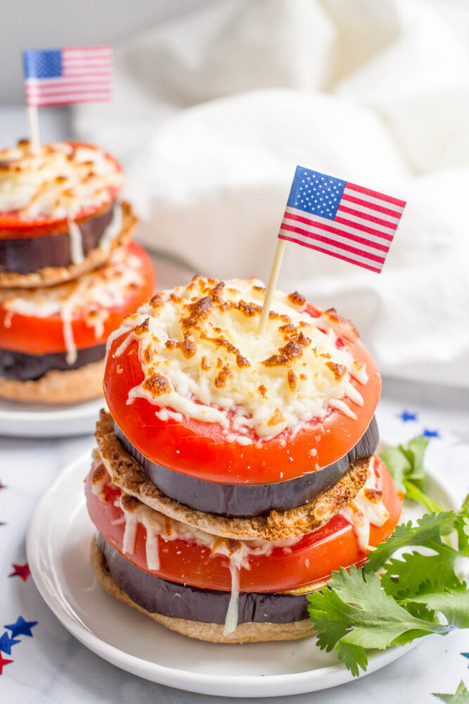 Quick and easy eggplant tomato and mozzarella broiler sandwich - a great vegetarian lunch or light dinner - and a healthy red, white and blue festive meal!