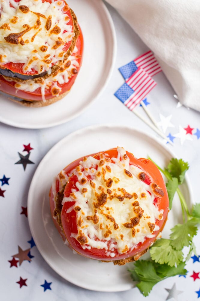 Quick and easy eggplant tomato and mozzarella broiler sandwich - a great vegetarian lunch or light dinner - and a healthy red, white and blue festive meal!