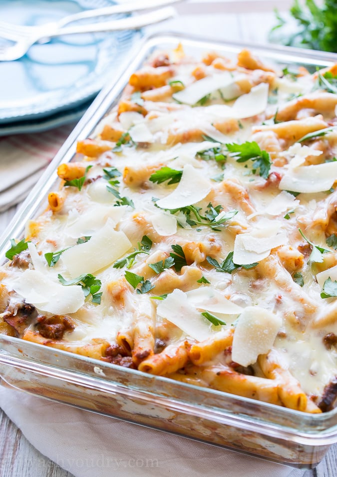 I love this Freezer Friendly Baked Ziti recipe! It's perfect for dinners in a pinch or for taking to others in need!