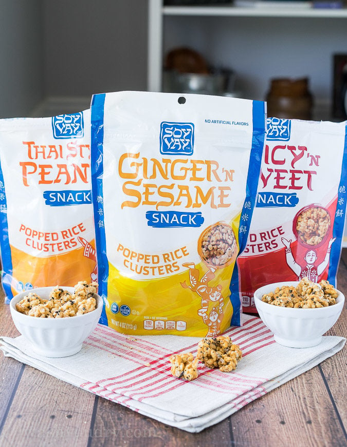 This asian-inspired Ginger Sesame Trail Mix is a fun combination of Soy Vay's newest snack - Popped Rice Clusters along with dried fruits and nuts. Perfect for snacking on the go!