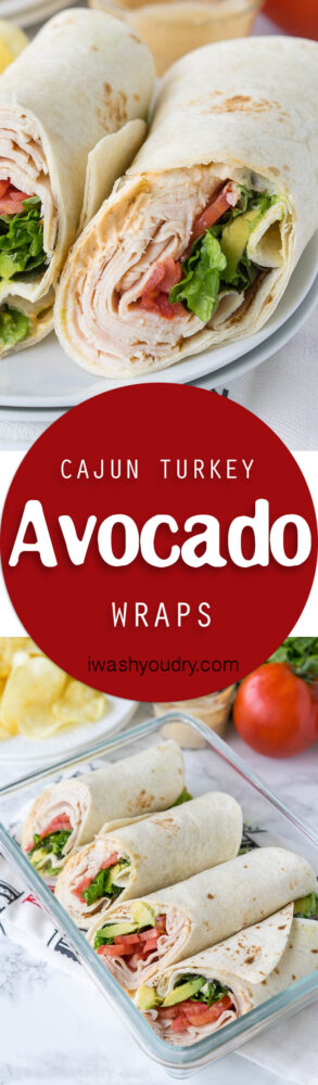 These Cajun Turkey Avocado Wraps are the perfect way to spruce up your lunch box! Filled with thinly sliced deli turkey, plump tomatoes, creamy avocado and a zippy cajun mayo, these wraps are bursting with flavor!