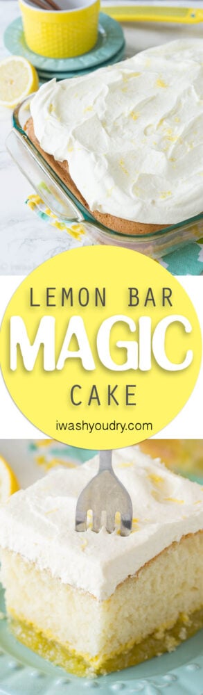 If you're a lemon fan, this dessert is for you! This Lemon Bar Magic Cake has three delicious and easy desserts in one! Lemon bars on the bottom, moist cake in the middle and a super easy lemon mousse on top! My family thoroughly enjoyed this one!
