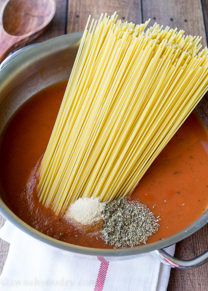 Everything gets cooked in one pan! My family loves this One Pot Spaghetti and Meatballs, I love how it's a super easy clean up!