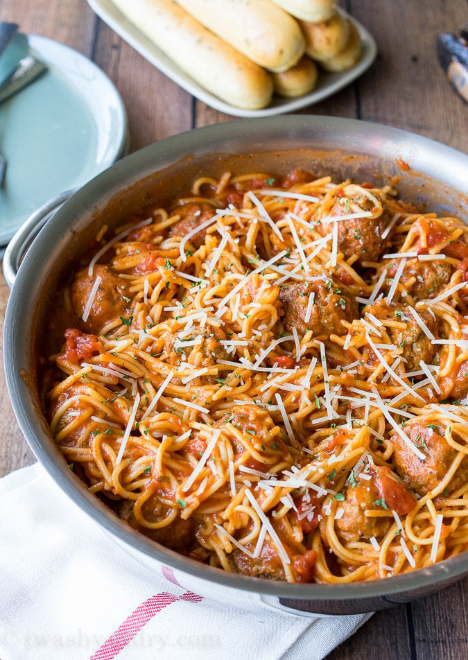 Everything gets cooked in one pan! My family loves this One Pot Spaghetti and Meatballs, I love how it's a super easy clean up!