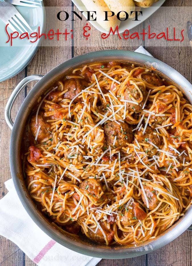 Everything gets cooked in one pan! My family loves this One Pot Spaghetti and Meatballs, I love how it's a super easy clean up!