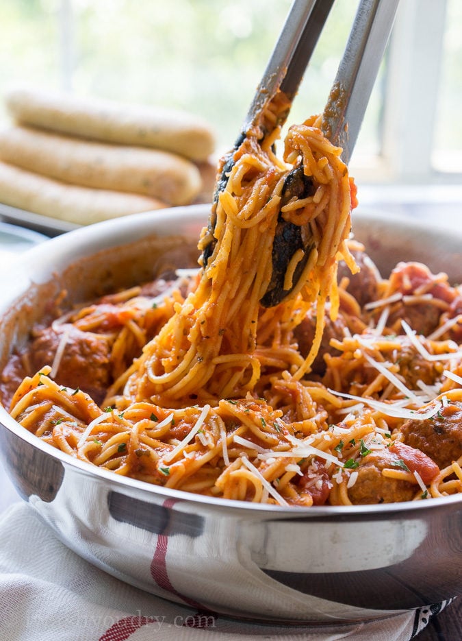 Everything gets cooked in one pan! My family loves this One Pot Spaghetti and Meatballs, I love how it's a super easy clean up!