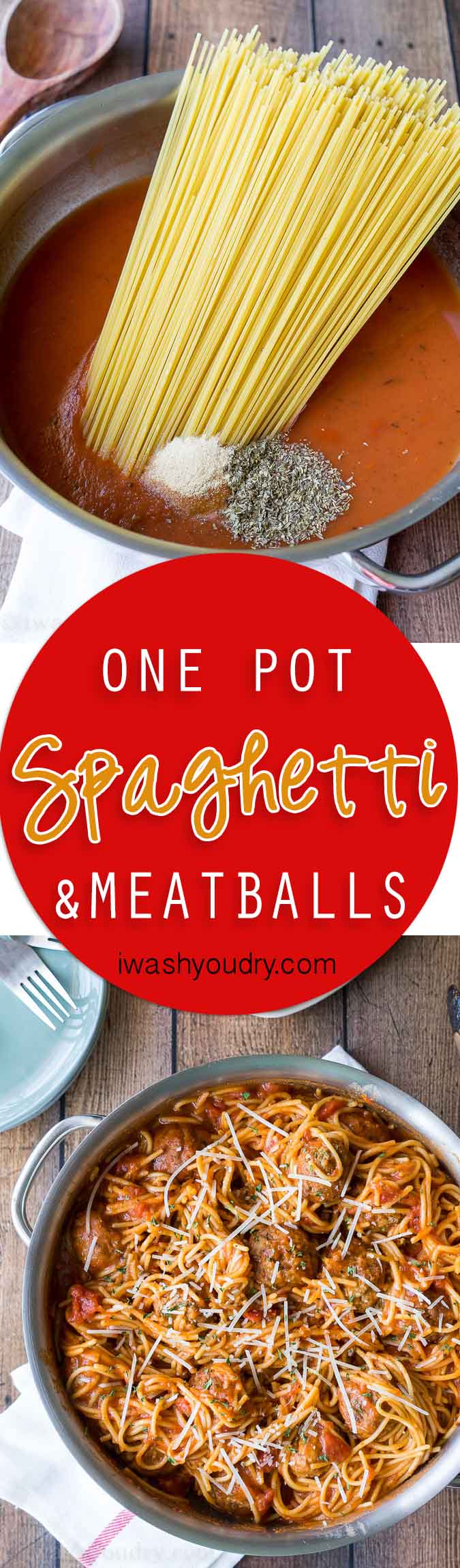 Everything gets cooked in one pan! My family loves this One Pot Spaghetti and Meatballs, I love how it's a super easy clean up!