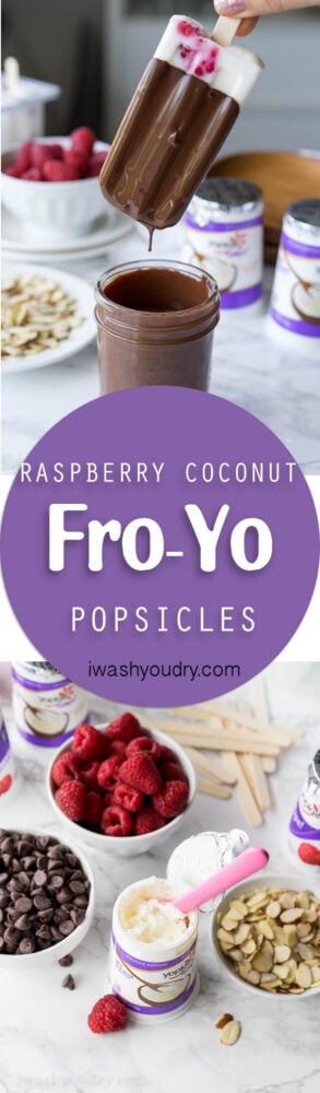 These Raspberry Coconut Fro-Yo Popsicles are just 4 ingredients (including the chocolate!). So fresh and creamy!