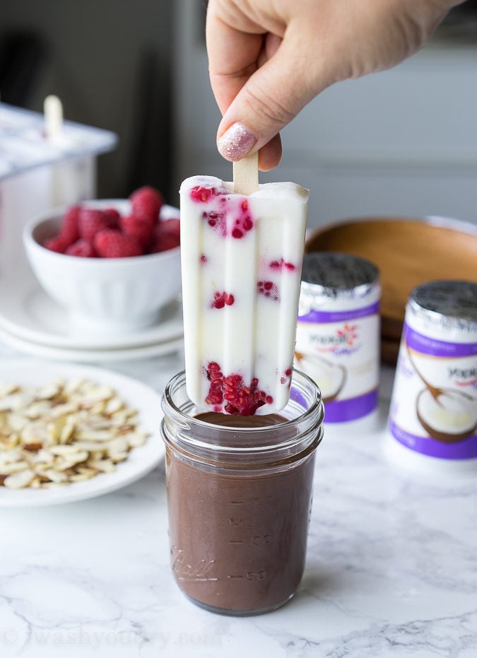 These Raspberry Coconut Fro-Yo Popsicles are just 4 ingredients (including the chocolate!). So fresh and creamy!