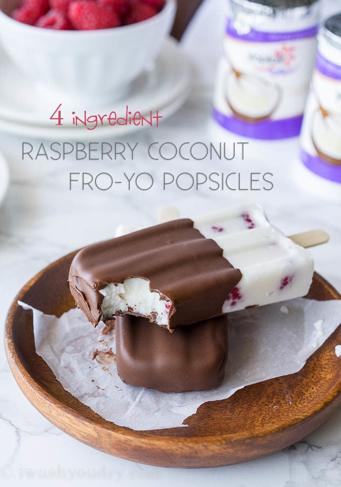 These Raspberry Coconut Fro-Yo Popsicles are just 4 ingredients (including the chocolate!). So fresh and creamy!