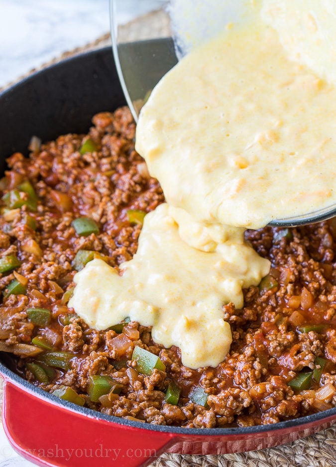 One Skillet Sloppy Jo Cornbread Casserole I Wash You Dry