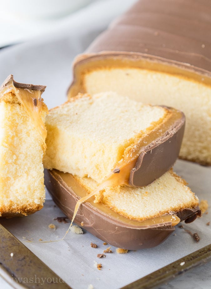 This super easy Twix Pound Cake is a quick dessert that only takes 4 ingredients!
