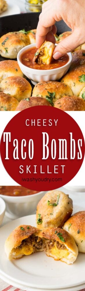 This Cheesy Taco Bombs Skillet is a quick and easy appetizer recipe that's filled with tender taco meat and gooey cheese!
