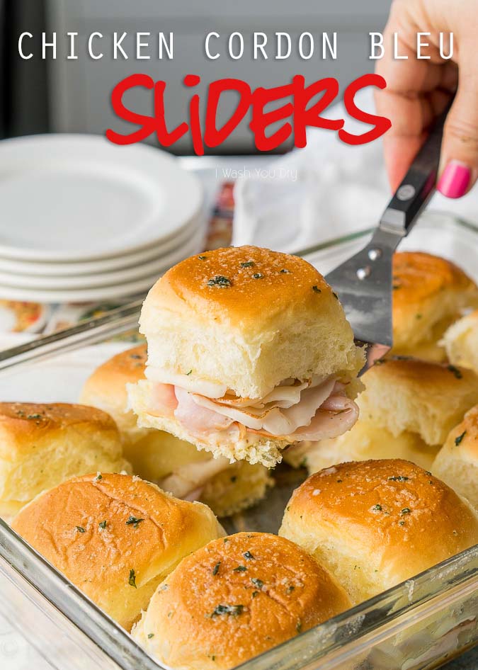 These Buttery Chicken Cordon Bleu Sliders have layers of swiss cheese, thinly sliced deli ham and chicken with an irresistible honey mustard sauce on buttery soft roll, then baked till hot and extra gooey. 