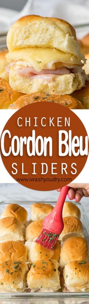 These Buttery Chicken Cordon Bleu Sliders have layers of swiss cheese, thinly sliced deli ham and chicken with an irresistible honey mustard sauce on buttery soft roll, then baked till hot and extra gooey.