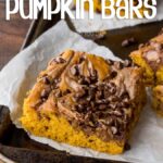 These Chocolate Swirled Pumpkin Bars are made on a large baking sheet, which make them perfect for taking to pot lucks and parties this Fall! I love that chocolate cheesecake swirled throughout too!