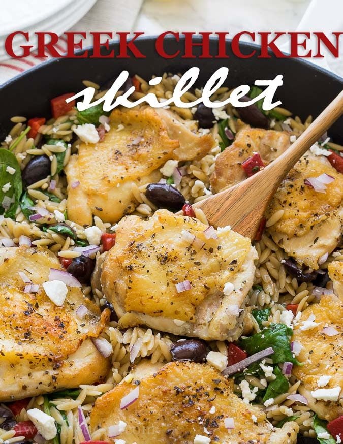 This Greek Chicken Skillet is a one pan meal that's full of bold flavors and made super quick! You'll love this recipe!