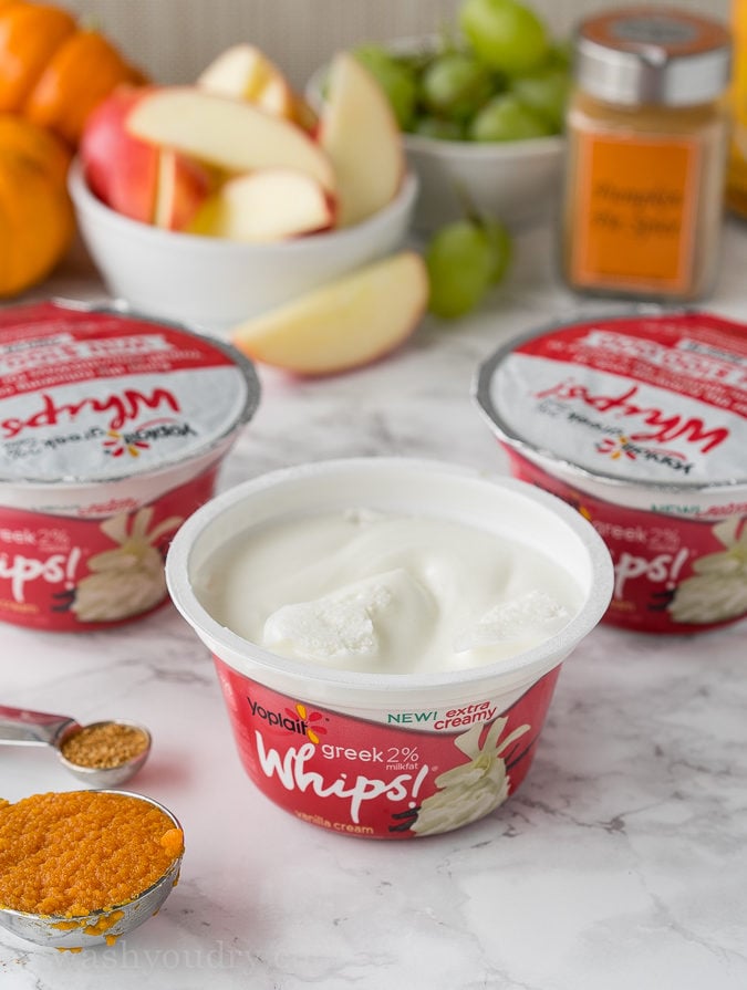 This Pumpkin Pie Yogurt Dip is just 3 simple ingredients and tastes so great with pie crust chips or crisp apples! 