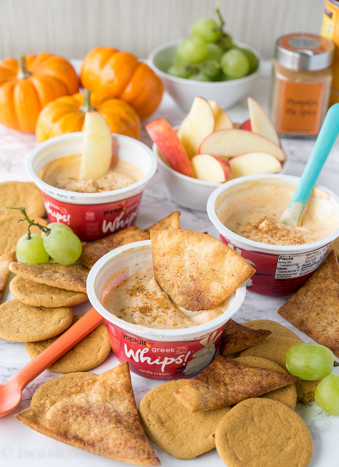 This Pumpkin Pie Yogurt Dip is just 3 simple ingredients and tastes so great with pie crust chips or crisp apples! 