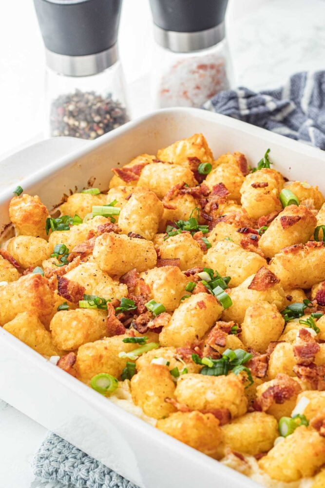 Baked Chicken bacon ranch casserole in white dish.