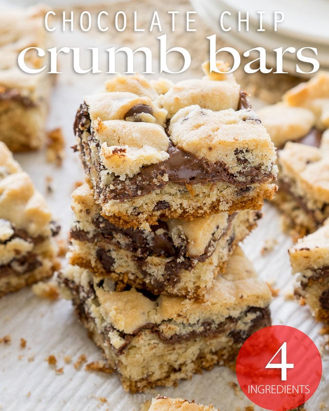 These Chocolate Chip Crumb Bars have a gooey chocolate hazelnut center and are made with just 4 simple ingredients, including muffin mix! So easy!