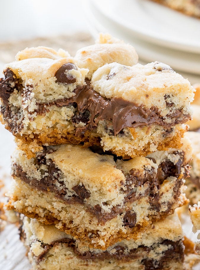 These Chocolate Chip Crumb Bars have a gooey chocolate hazelnut center and are made with just 4 simple ingredients, including muffin mix! So easy!