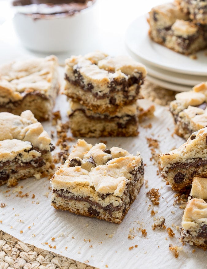 These Chocolate Chip Crumb Bars have a gooey chocolate hazelnut center and are made with just 4 simple ingredients, including muffin mix! So easy!