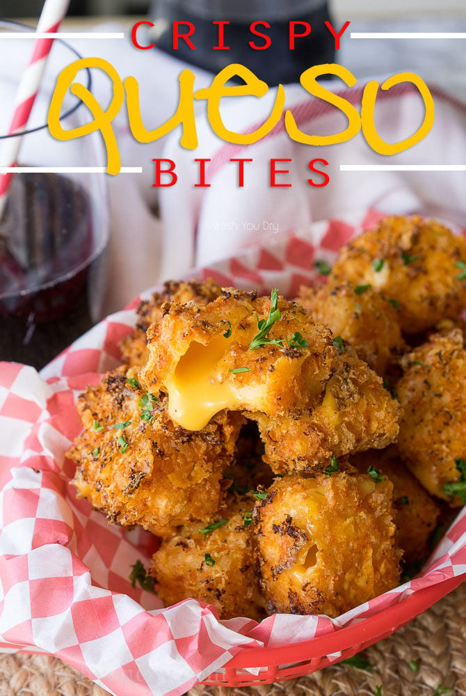 OMG! These Crispy Queso Bites are coated in nacho cheese doritos and then fried to gooey cheesy perfection!