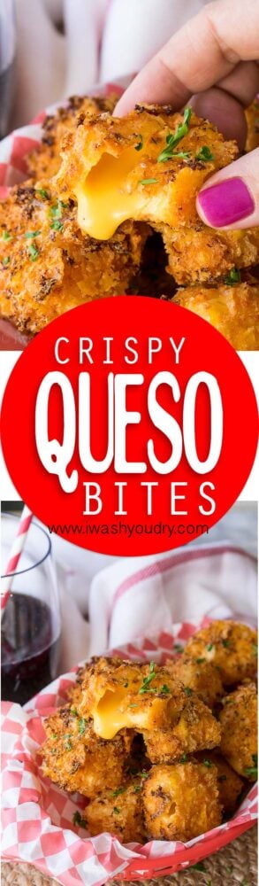 OMG! These Crispy Queso Bites are coated in nacho cheese doritos and then fried to gooey cheesy perfection!