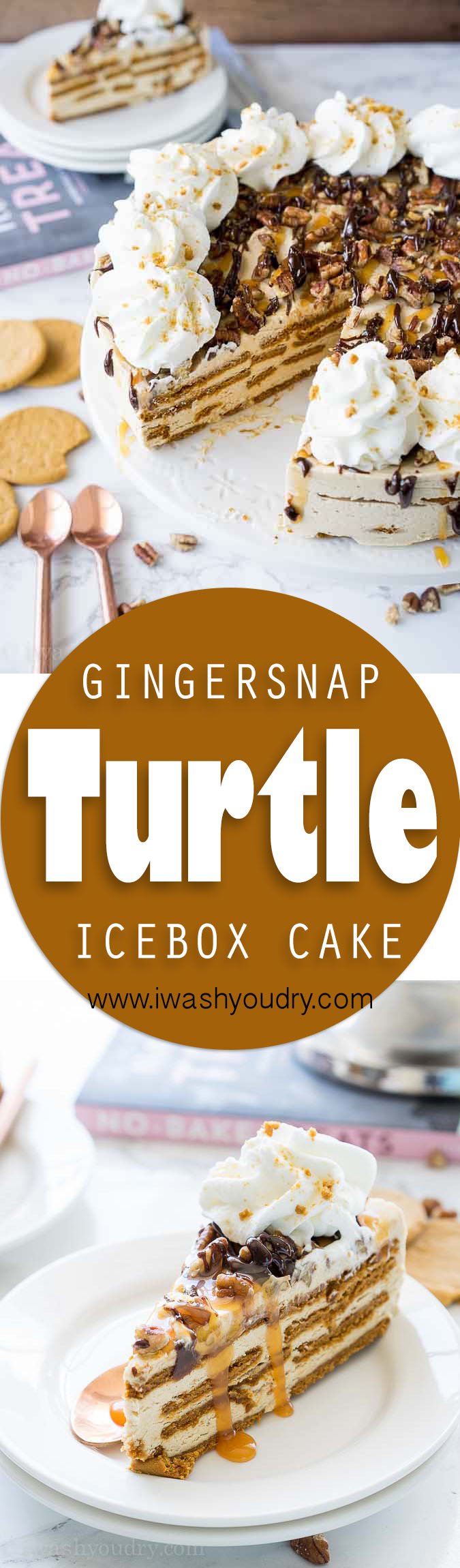 This no bake Gingersnap Turtle Icebox Cake is loaded with a sweet and creamy molasses filling, crisp gingersnap cookies and a hot fudge and caramel topping that's to die for!
