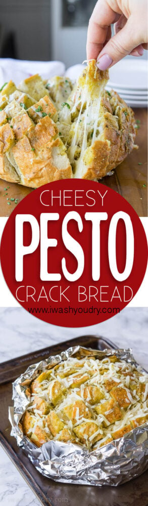 This Cheesy Pesto Crack Bread is a super quick and easy appetizer that everyone will go nuts for!