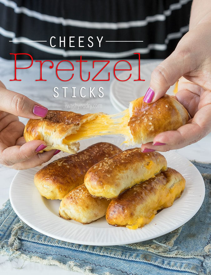 These Cheesy Pretzel Sticks are soft pretzels stuffed with cheese and just 5 simple ingredients. Ready in less than 20 minutes!