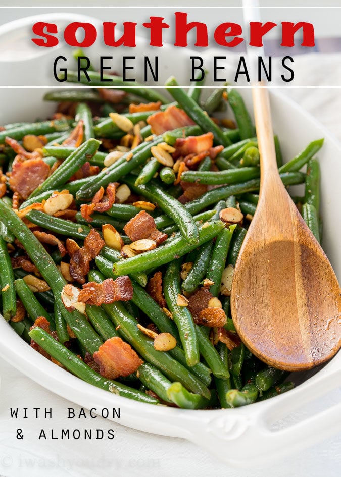 These Southern Green Beans with Bacon and Almonds are a side dish recipe that's a staple at any holiday dinner! Full of flavor and super easy to make, my whole family loves these! 