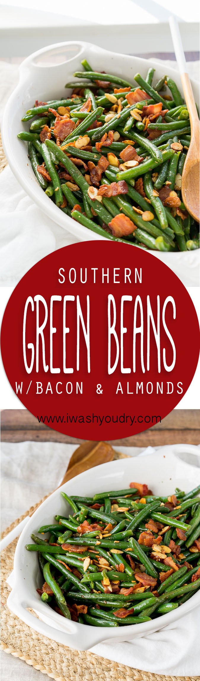 These Southern Green Beans with Bacon and Almonds are a side dish recipe that's a staple at any holiday dinner! Full of flavor and super easy to make, my whole family loves these!