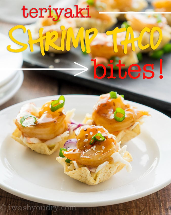 These Teriyaki Shrimp Taco Bites are everything you love about a shrimp taco, but in a pop-able bite-sized form! Saucy coleslaw, tender, sweet teriyaki shrimp and a crunchy tortilla chip scoop! Perfect for appetizers!