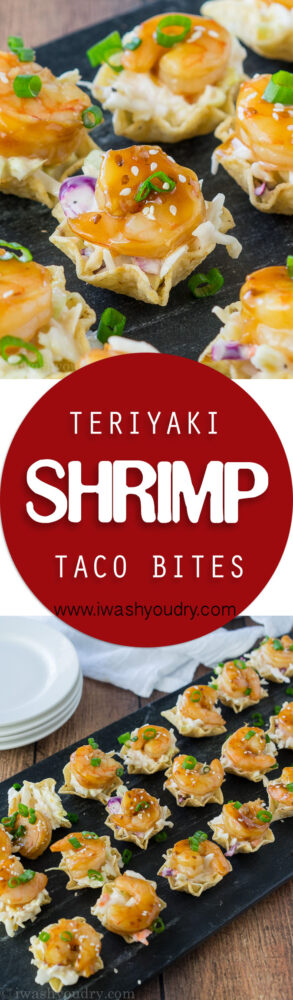 These Teriyaki Shrimp Taco Bites are everything you love about a shrimp taco, but in a pop-able bite-sized form! Saucy coleslaw, tender, sweet teriyaki shrimp and a crunchy tortilla chip scoop! Perfect for appetizers!