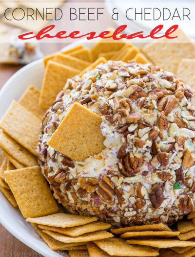 This Corned Beef and Cheddar Cheeseball is packed with flavor and rolled in chopped pecans for an irresistible appetizer that everyone will love!