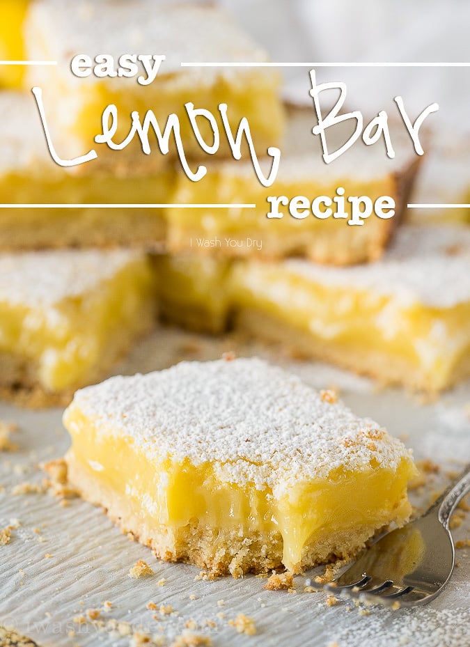 Easy Lemon Bars Recipe on paper with bite