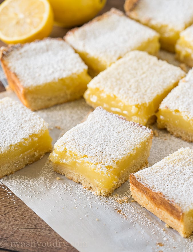 sliced lemon bars on a cutting board