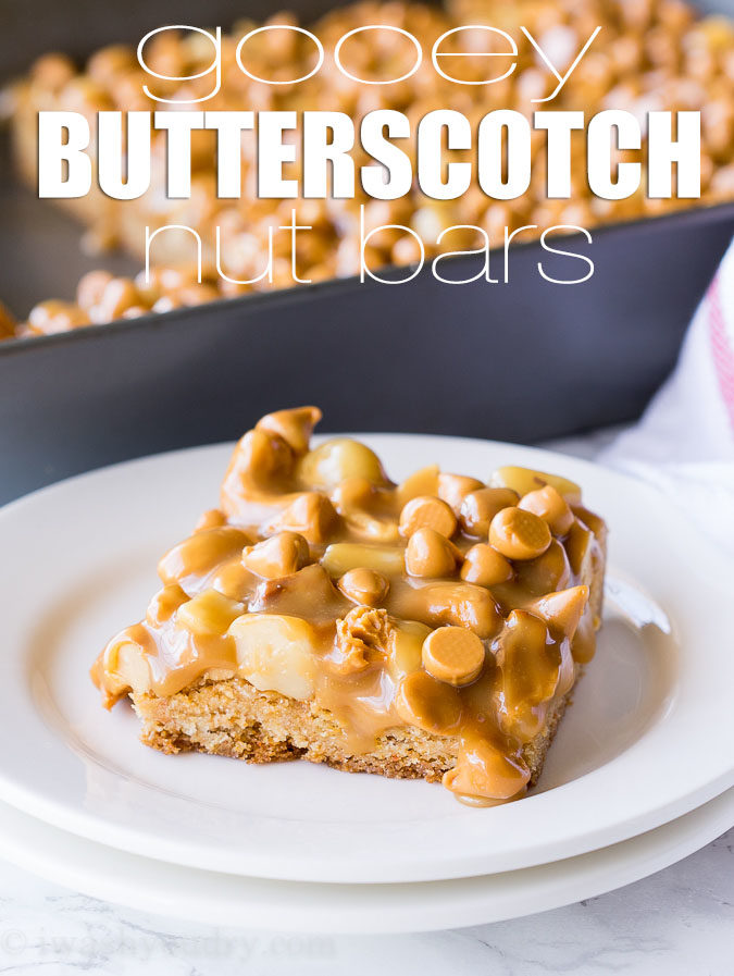 These Gooey Butterscotch Nut Bars are a super quick butterscotch cookie base topped with roasted nuts and gooey caramel. Everyone loves these cookie bars!
